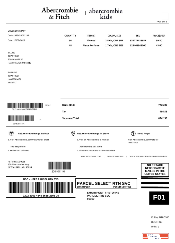 USA Abercrombie & Fitch invoice template in Word and PDF format, fully editable